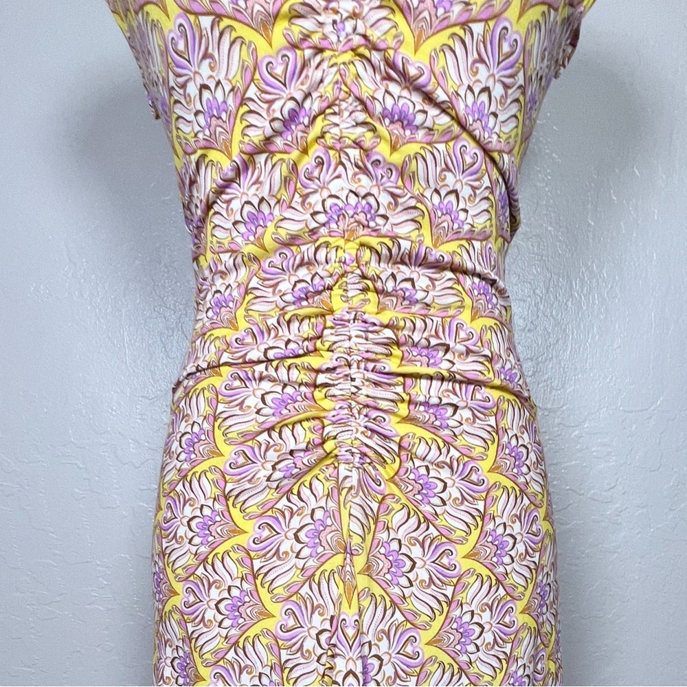 HALE‎ BOB Women Size S Yellow Floral Cap Sleeve V-Neck Gathered Waist Midi Dress - Picture 4 of 9